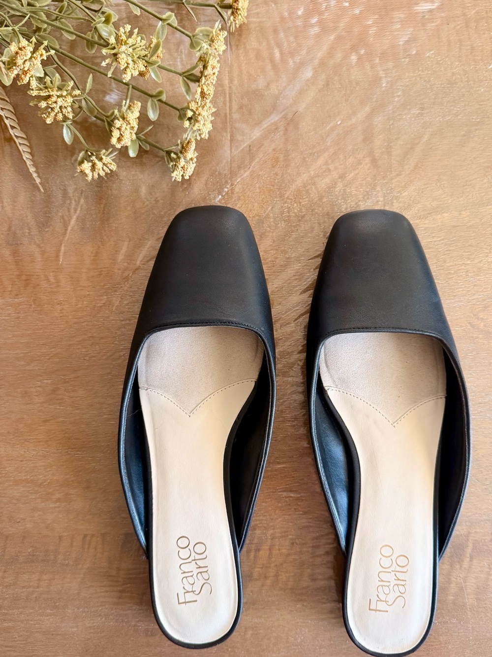Franco Sarto Black Square-Toe Leather Mules